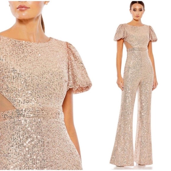 Mac Duggal Ieena Sz 4 Short Sleeve Rose Gold Sequined Evening Jumpsuit $398 NWT - Picture 1 of 12